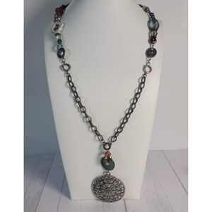 Vtg Avon NR Mixed Media Beaded Filigree Medallion Necklace Silver Tone Boho